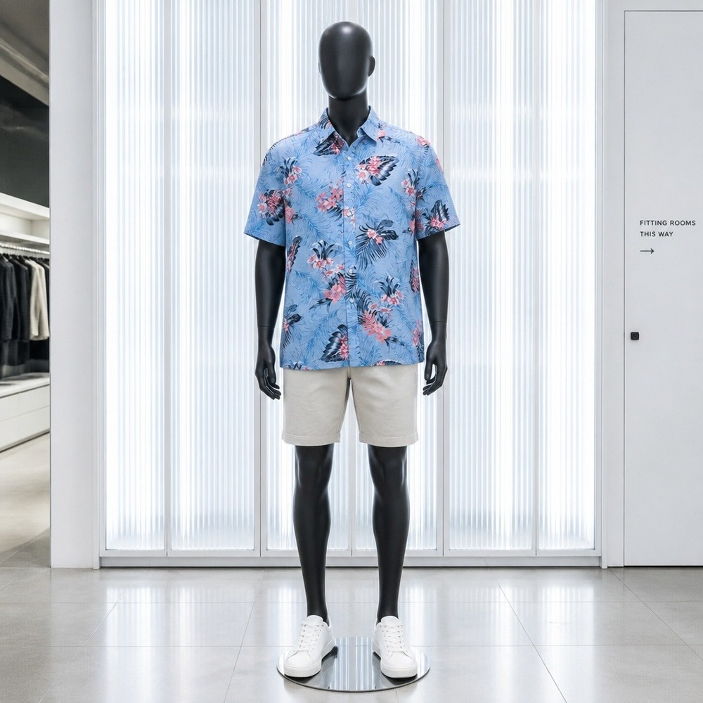 Club Room Mens XL Tropical Floral Palm Print Short Sleeve Button Down Shirt Blue
